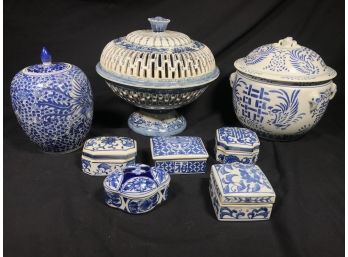 Fantastic Grouping Of Eight (8) Blue & White Porcelain - Asian Style Pieces - All In Great Condition