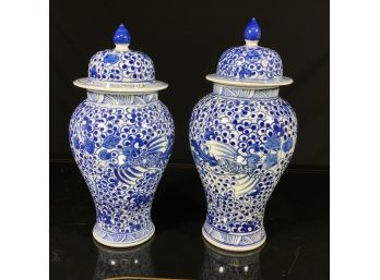 Lovely Pair Of Asian Blue & White Lidded Urns - Client Purchased In Hong Kong The 1980s  VERY PRETTY