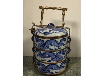 Fabulous Vintage Chinese Blue & White Porcelain Tiffin Lunch Box With Dragons & Brass Faux Bamboo Handle