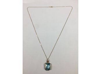 Fabulous ALL 14K GOLD Necklace With Large Aquamarine Pendant Also All 14kt Gold - 3.8 Grams Of All 14kt Gold