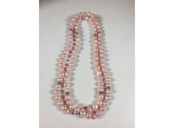VERY LONG - 40' Lovely Freshwater Pearls Dyed Soft Pink Necklace With Rhinestone Spacers VERY Pretty Piece
