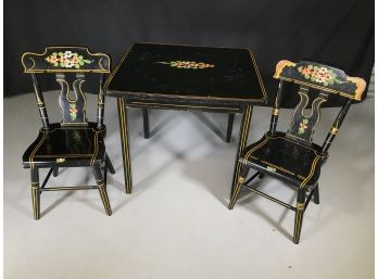 Cute Vintage Childs Tole Painted Table & Chair Set - Amish Made In Pennsylvania Famous Maker EBERSOL FURNITURE