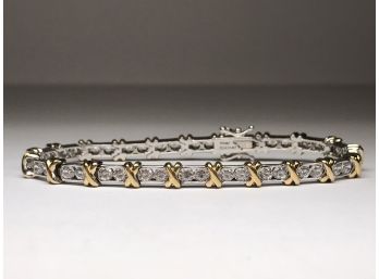 Fabulous Sterling Silver / 925 Bracelet With Alternating Gold X Design With Cubic Zirconia - AMAZING ! 8'
