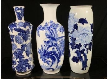 Three (3) Large Asian Blue & White Porcelain Vases - Very Pretty - Deep Blue Color - ALL THREE FOR ONE BID !!
