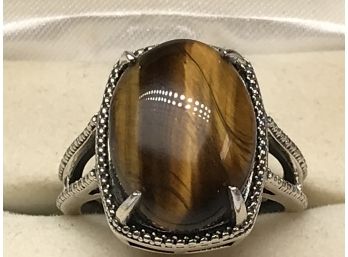 Wonderful Sterling Silver / 925 - Large Ring With Big Domed High Polished Tiger Eye Stone - VERY NICE !