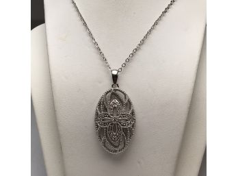 Lovely Sterling Silver / 925 - 18' Link Necklace With Ornate Oval Pendant - Great Looking Piece