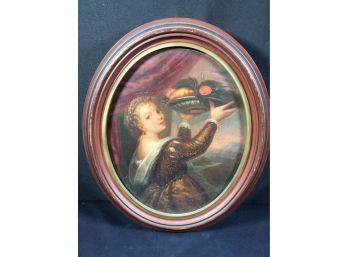 Beautiful Antique Oval Oil On Board - Girl With Fruit & Flowers - Very Well Done Painting- 1890 ? 1900  ?