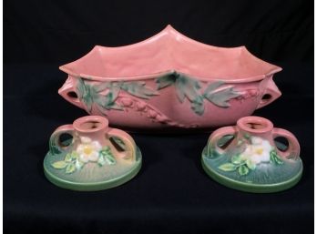 Very Pretty ROSEVILLE Pottery Bleeding Heart Center Bowl & Pair Of White Rose Candle Holders - ALL PERFECT !