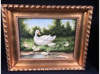 Lovely Antique Style Oil On Canvas Of White Duck With Ducklings - Beautiful Gilt Frame - Decorative Piece