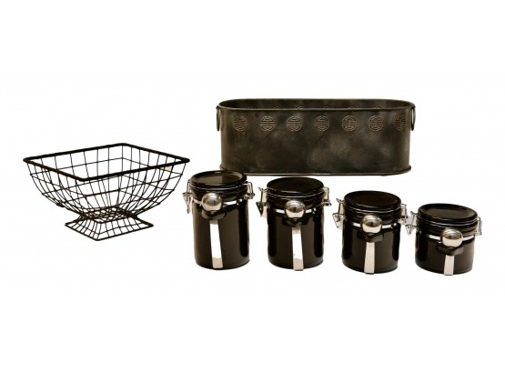 B65 Set Of Four Air Tight Canisters With Measuring Spoons And Two Decorative Baskets