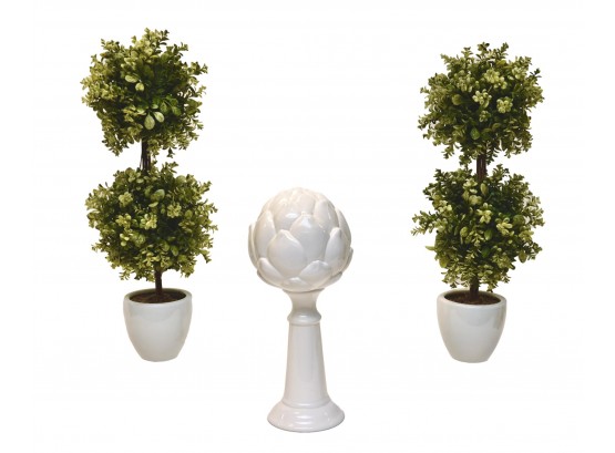 B58 Pair Of Faux Potted Topiaries And Artichoke Statue