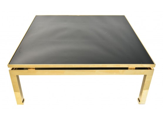 B10 Hollywood Regency Style Brass Square Cocktail Table With Smoky Tempered Glass Top