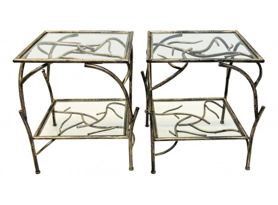 B16 Pair Of Metal Dual Glass Top End Tables