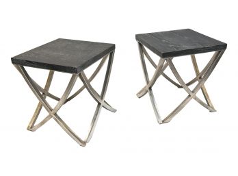 B13 Pair Of Contemporary Wood Top Side Tables With Chrome Legs