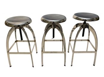 B73 Three Industrial Chrome Swivel Adjustable Height Bar Stools With Foot Rest