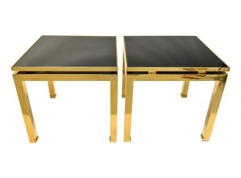 B11 Pair Of Hollywood Regency Style Brass Square Side Tables With Smoky Tempered Glass Top