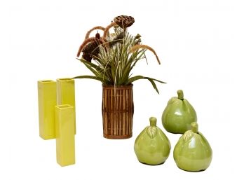 B62 Bamboo Vase With Faux Wheat And Barley Bouquet, Decorative Ceramic  Pears And Three Ceramic Bud Vases