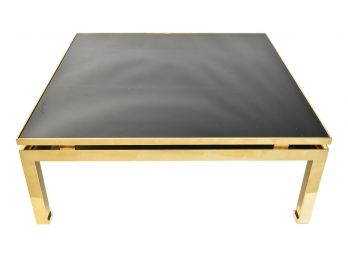 B10 Hollywood Regency Style Brass Square Cocktail Table With Smoky Tempered Glass Top