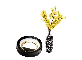 B59 Round Wall Mirror And A Vase With Faux Forsythia Flowers