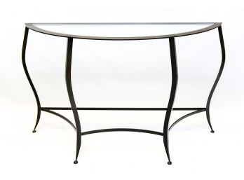 A23 Modern Wrought Iron Glass Top Demilune Console / Entry Way Table