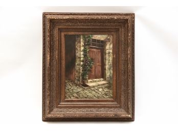 B35 Prestige Arts Oil On Canvas Painting Depicting A Door On A Cobble Street With Garden Vines