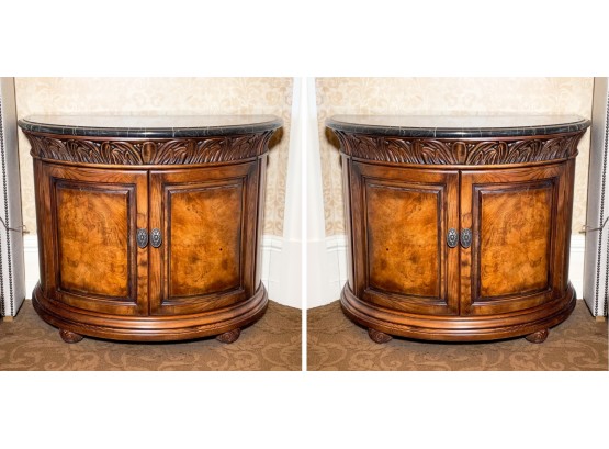 A Pair Of Marble Top Demi Lune Commodes By Henredon