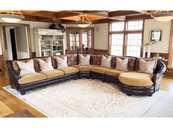 A Luxurious Leather And Velvet Upholstered Sectional With Nailhead Trim By Taylor King