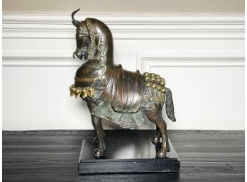 A Vintage Case Bronze Horse On Marble Pedestal