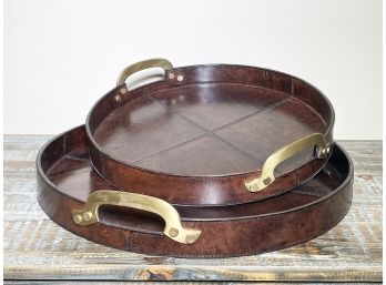 A Pair Of Modern Leather Cocktail Trays With Brass Handles