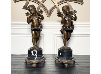 A Pair Of Large Vintage Bronze Cherubs On Marble Bases