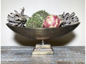 A Footed Brass Compote With Floral Decor