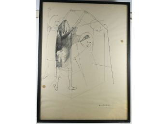 Richard Wilt - Pen And Ink Drawing - Framed.  Girls Playing Over-Under - Vintage 1949