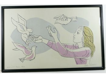 Girl With Dove - Artist Signed And Numbered Print - Vintage