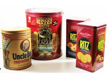 4 1980's Vintage Collector Tins - Uncle Bens, Ritz Crackers (2), & Eagle Brand Potato Chips