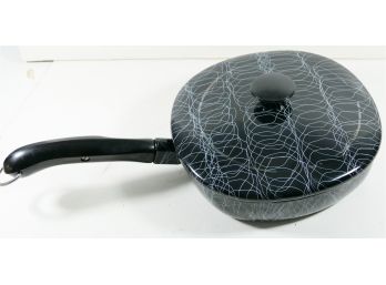 8' Covered Contemporary Cast Iron Fry Pan - 2' Deep With Matching Lid - Blue Pattern