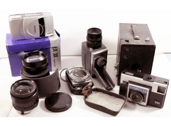 Camera - Photography Box Lot - 2 Lenses, 2 Light Meters, 3 Cameras Including Vintage