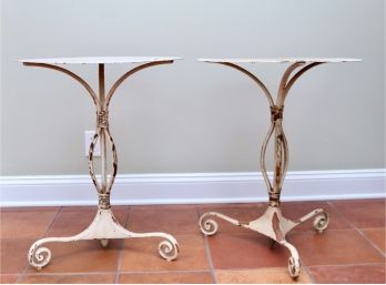 Pair Of Imported Distressed Heavy Metal Round Accent Tables