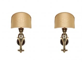 HORCHOW Pair Of Wall Sconces With Monogramed Shades