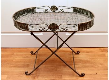 Heavy Brushed Metal And Rattan Folding Serving Tray/Table