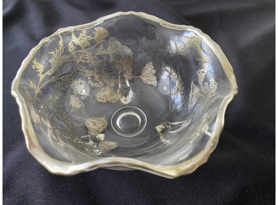 Vintage Footed Glass Bowl With  Silver Onlay