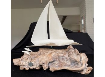 John Perry Pellucida Sailboat And Dolphins Sculpture