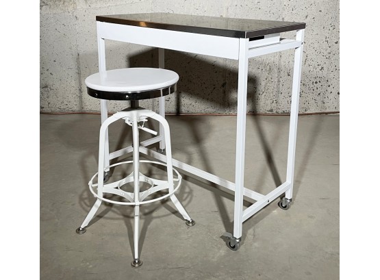 A Wonderful Stainless Steel Rolling Table And Stool From Crate & Barrel