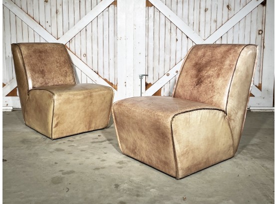A Pair Of Modern Upholstered Leather Chairs By Restoration Hardware
