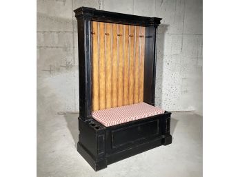 A Large Paneled Wood Hall Tree With Storage Bench
