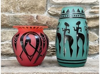 Hand Blown Glass Vases With Native American Or Southwest Motif