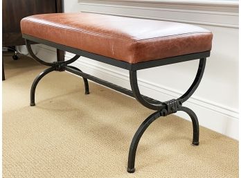 An Upholstered Cast Iron Bench In Chestnut Leather By Charleston Forge For Restoration Hardware