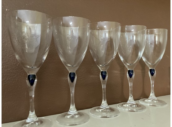 Set Of Five Hand Blown Crystal Wine Glasses With Cobalt
