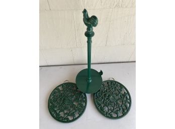French Enameled Iron Rooster Paper Towel Holder & Two Trivets