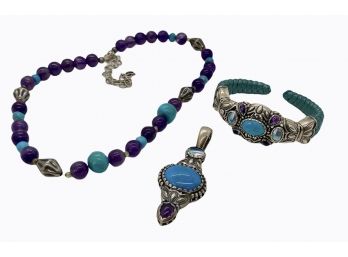 Carolyn Pollack Turquoise, Amethyst, Pearl And Sterling Silver Bead Lot - 3 Pieces