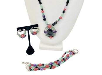 Carolyn Pollack Sterling Silver ~ Jade, Coral & Amethyst 4 Pc. Suite ~ Necklace, Enhancer, Earrings, Bracelet